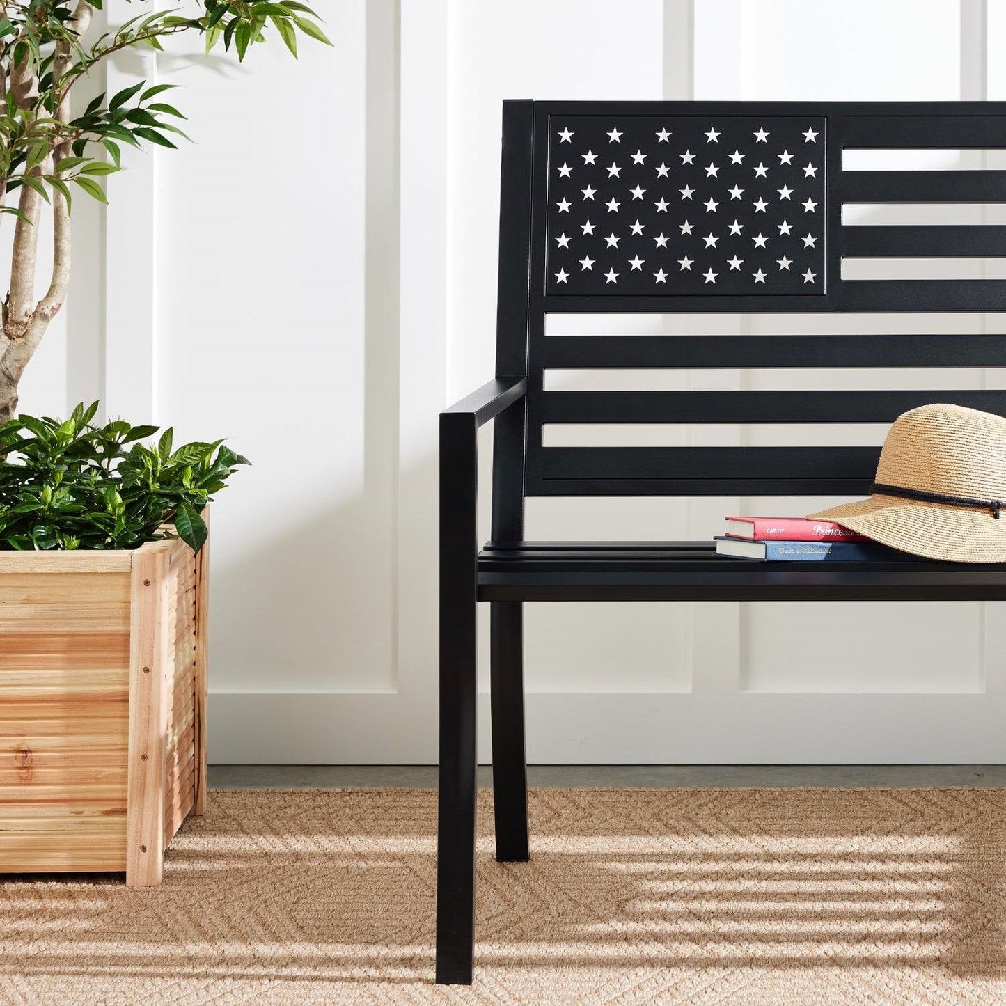 2 Person Patriotic USA Black Metal Bench with American Flag Backrest FastFurnishings
