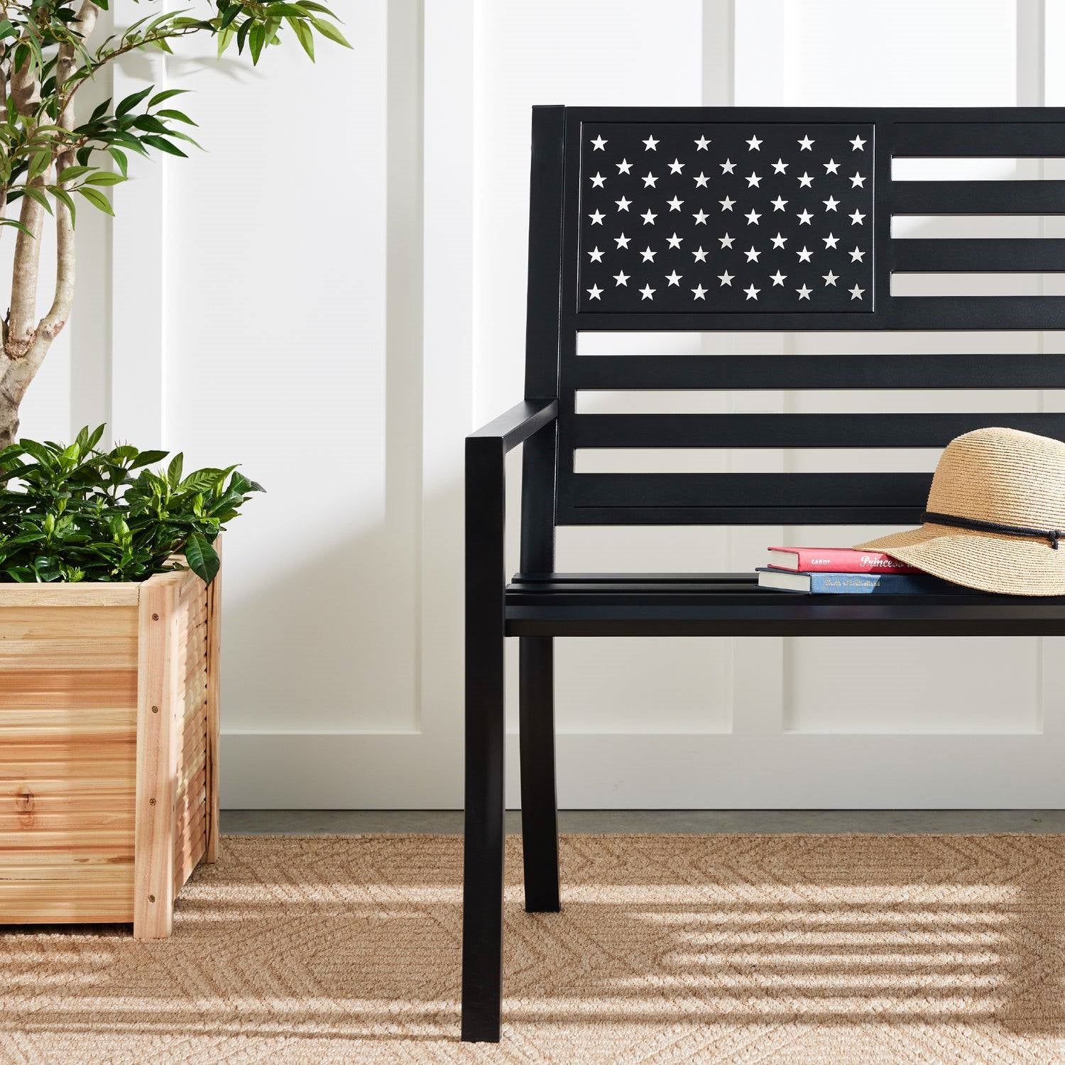 2 Person Patriotic USA Black Metal Bench with American Flag Backrest FastFurnishings