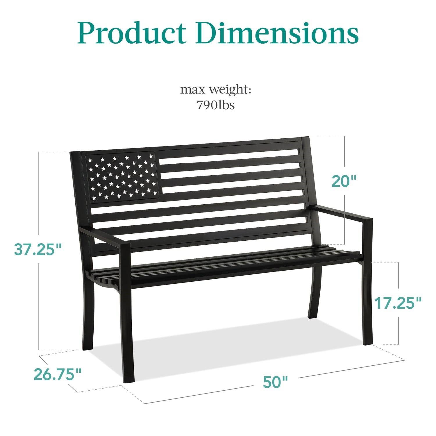 2 Person Patriotic USA Black Metal Bench with American Flag Backrest FastFurnishings