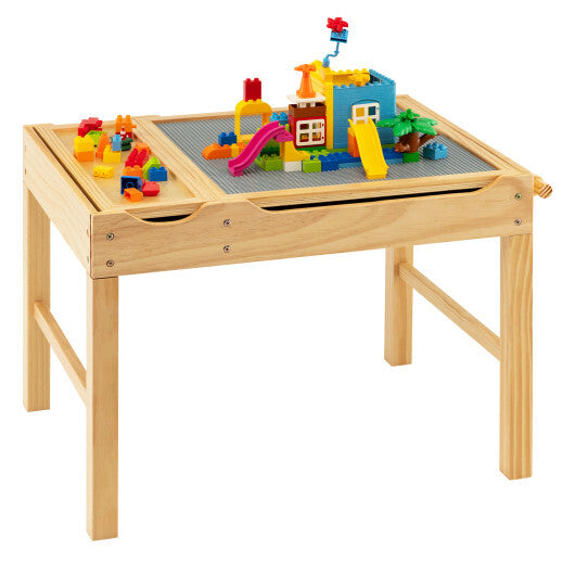 Kids Multi Activity Play Table Wooden Building Block Desk with Storage Paper Roll-Natural