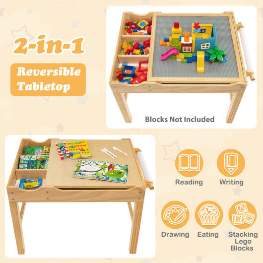 Kids Multi Activity Play Table Wooden Building Block Desk with Storage Paper Roll-Natural W2B