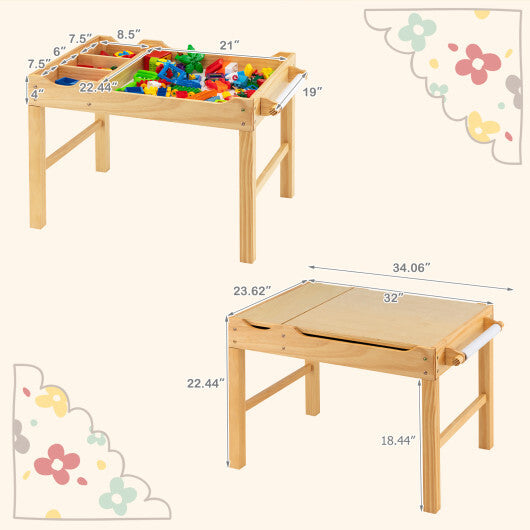 Kids Multi Activity Play Table Wooden Building Block Desk with Storage Paper Roll-Natural W2B