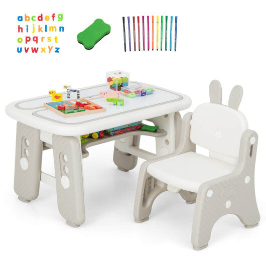 Kids Table and Chair Set with Flip-Top Bookshelf-Gray