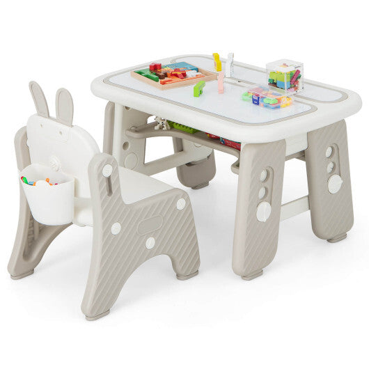Kids Table and Chair Set with Flip-Top Bookshelf-Gray