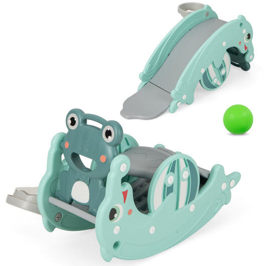 3-in-1 Kids Slide Rocking Horse Set Convertible Toddler Slide with Basketball Hoop-Green W2B