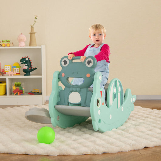 3-in-1 Kids Slide Rocking Horse Set Convertible Toddler Slide with Basketball Hoop-Green W2B
