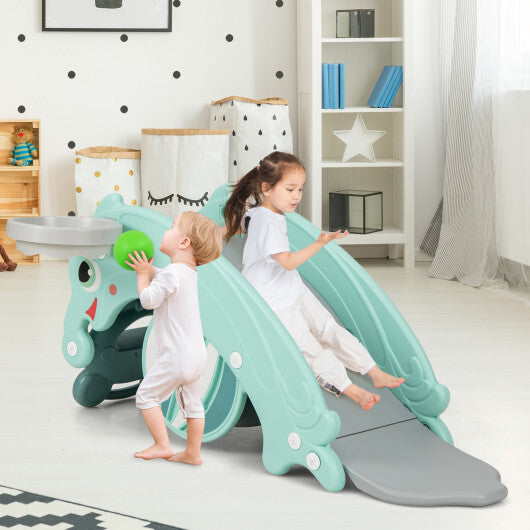 3-in-1 Kids Slide Rocking Horse Set Convertible Toddler Slide with Basketball Hoop-Green W2B