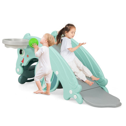 3-in-1 Kids Slide Rocking Horse Set Convertible Toddler Slide with Basketball Hoop-Green W2B