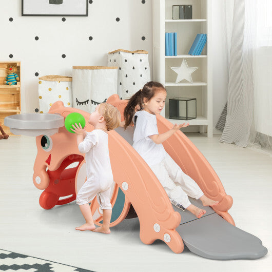 3-in-1 Kids Slide Rocking Horse Set Convertible Toddler Slide with Basketball Hoop-Green W2B