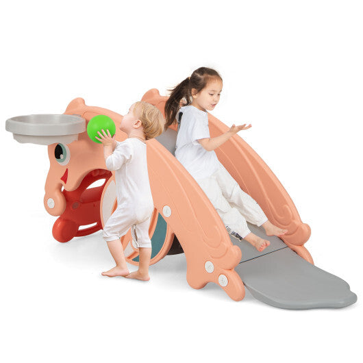 3-in-1 Kids Slide Rocking Horse Set Convertible Toddler Slide with Basketball Hoop-Green W2B