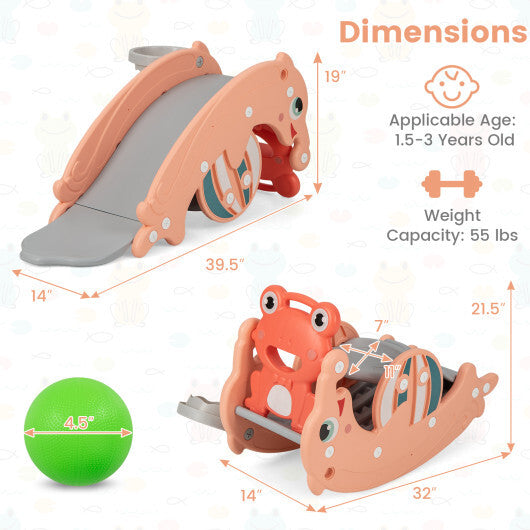 3-in-1 Kids Slide Rocking Horse Set Convertible Toddler Slide with Basketball Hoop-Green W2B