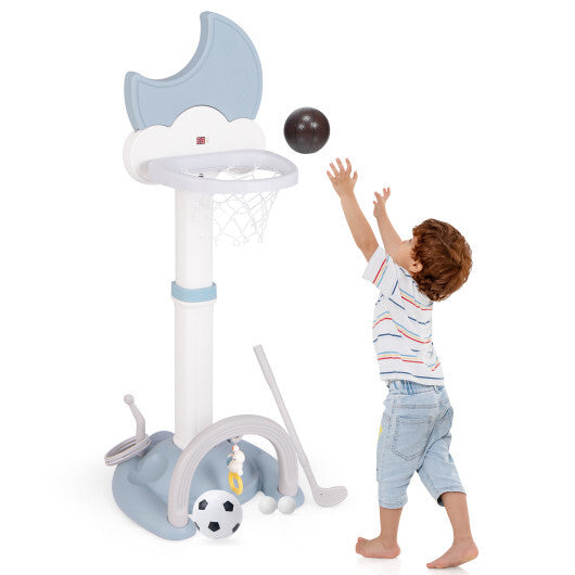 4-In-1 Kids Basketball Hoop with Moon-shaped Electronic Scoreboard and Play Set-Blue W2B