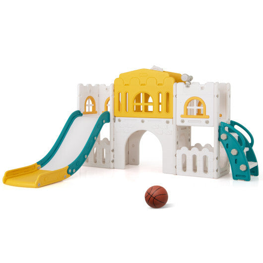 All-in-1 Toddler Slide Playset Playground with Tunnel and Ladder and Basketball-Yellow