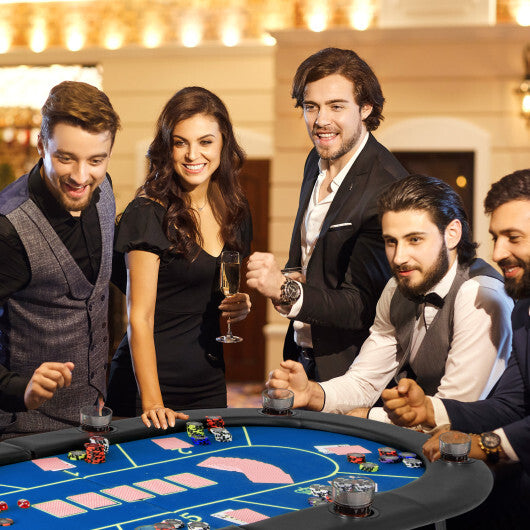 72 x 36 x 30.5 Inch Foldable Poker Table with 8 Cup Holders-Blue