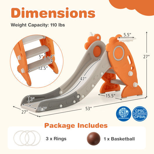 4 in 1 Indoor Slide for Kids Age 3+ Years with Basketball Hoop and Rings-Orange W2B