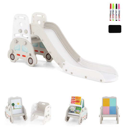 5 in 1 Convertible Toddler Slide Set Kids Art Easel with Stool and Book Rack-Gray W2B