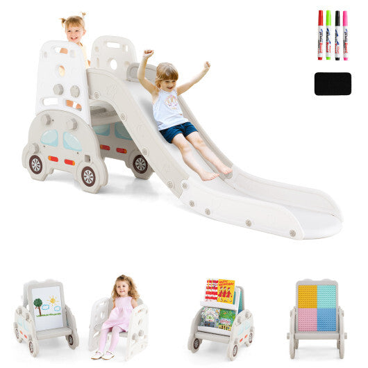 5 in 1 Convertible Toddler Slide Set Kids Art Easel with Stool and Book Rack-Gray W2B