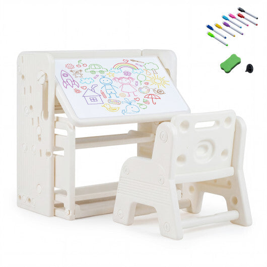 Kids Writing Desk and Chair Set with Side Bookshelves-White W2B