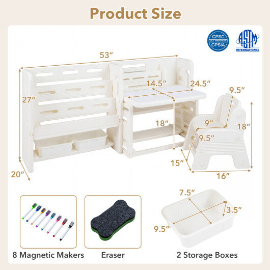 Kids Writing Desk and Chair Set with Side Bookshelves-White W2B