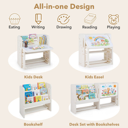 Kids Writing Desk and Chair Set with Side Bookshelves-White W2B