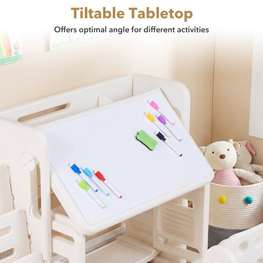 Kids Writing Desk and Chair Set with Side Bookshelves-White W2B