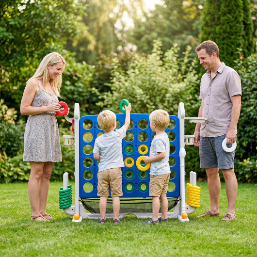4-in-1 Height Adjustable Row Connect Game with Mesh Net and Carrying Bag-Blue W2B