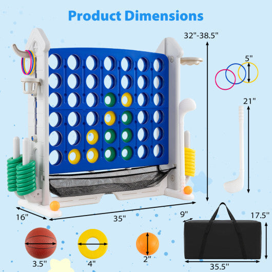 4-in-1 Height Adjustable Row Connect Game with Mesh Net and Carrying Bag-Blue W2B