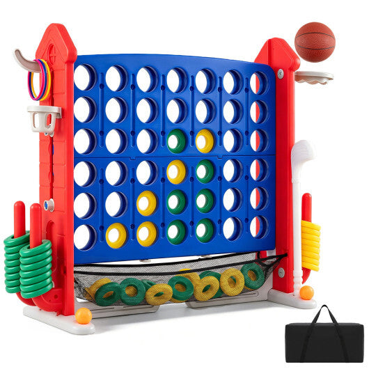 4-in-1 Height Adjustable Row Connect Game with Mesh Net and Carrying Bag-Blue W2B