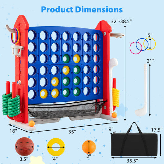 4-in-1 Height Adjustable Row Connect Game with Mesh Net and Carrying Bag-Blue W2B