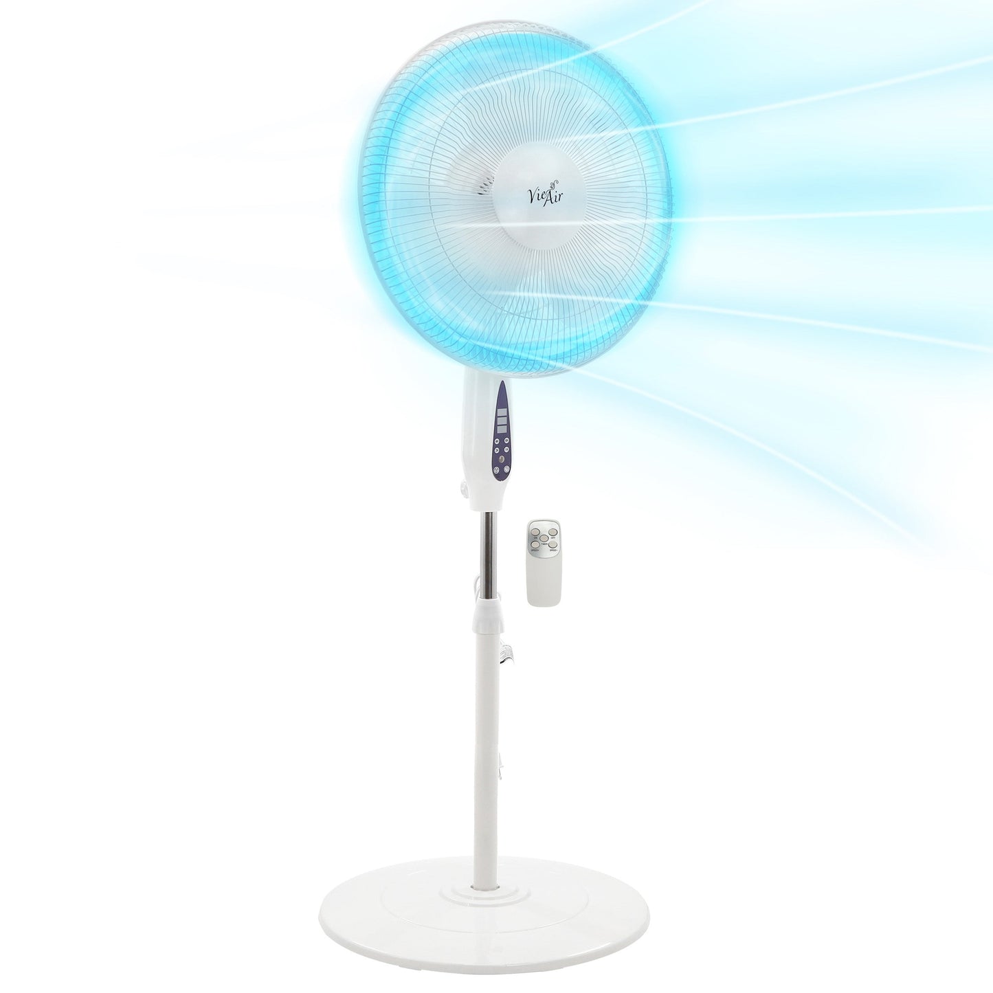 Vie Air 16 Inch 3 Speed Oscillating Stand Fan with Remote Control in White W2B