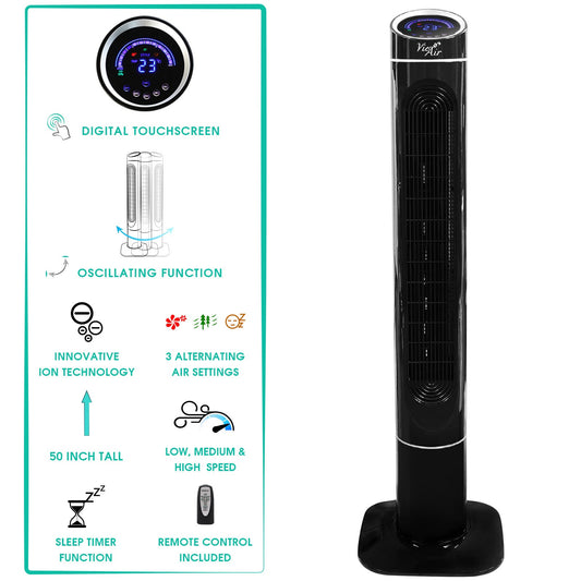 Vie Air 50 Inch Luxury Digital 3 Speed High Velocity Tower Fan with Fresh Air Ionizer and Remote Control in Black W2B