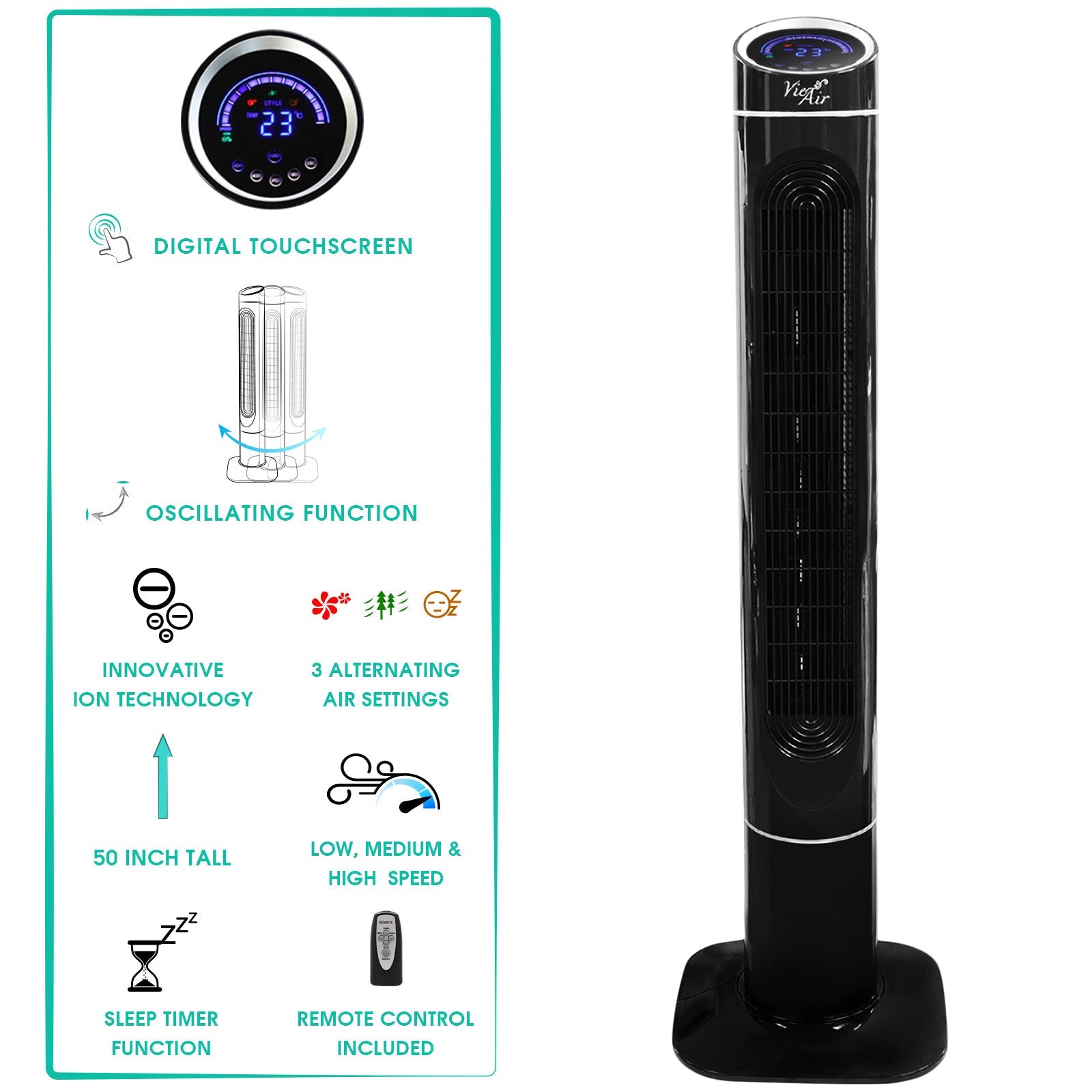Vie Air 50 Inch Luxury Digital 3 Speed High Velocity Tower Fan with Fresh Air Ionizer and Remote Control in Black W2B