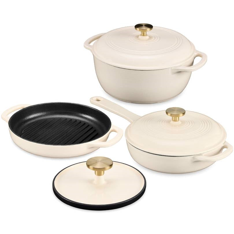 Cream 6-Piece Non-Stick Cast Iron Cookware Set - Skillet Grill Pan Dutch Oven FastFurnishings