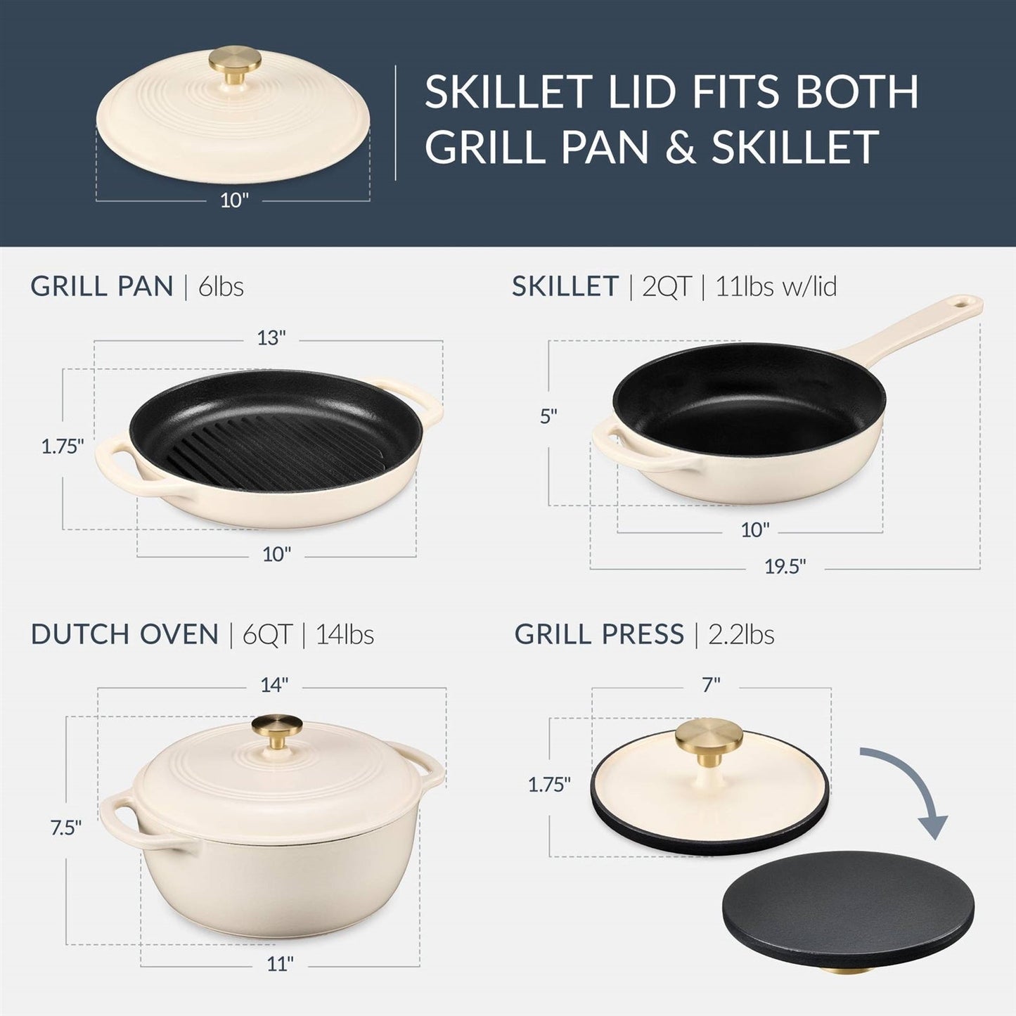 Cream 6-Piece Non-Stick Cast Iron Cookware Set - Skillet Grill Pan Dutch Oven FastFurnishings