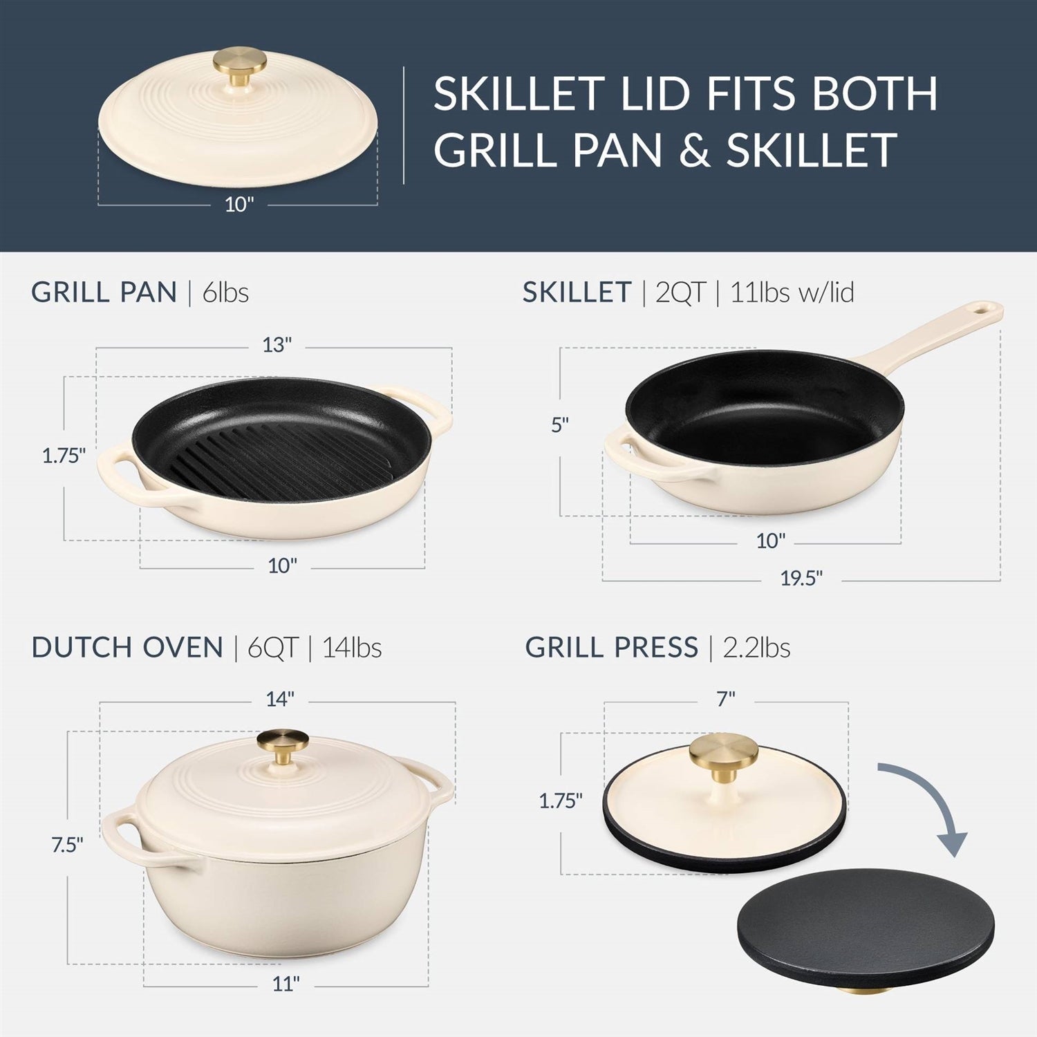 Cream 6-Piece Non-Stick Cast Iron Cookware Set - Skillet Grill Pan Dutch Oven FastFurnishings
