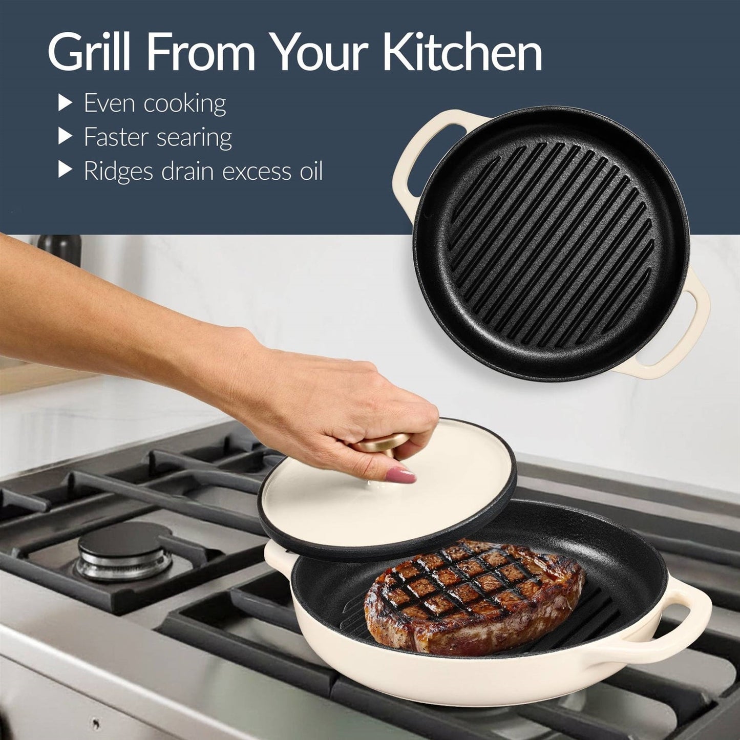 Cream 6-Piece Non-Stick Cast Iron Cookware Set - Skillet Grill Pan Dutch Oven FastFurnishings