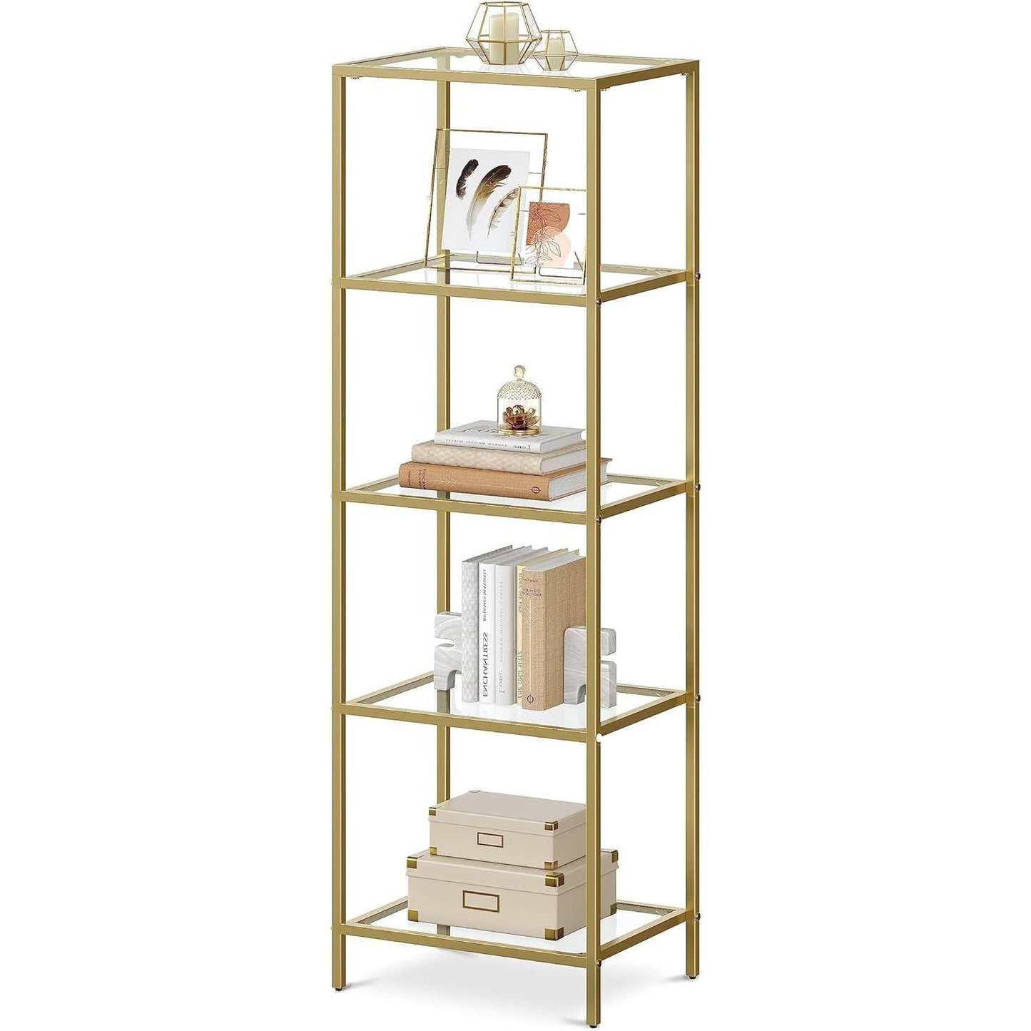Narrow Gold Metal Frame Glass Shelves Shelving Unit Slim 4-Shelf Bookcase FastFurnishings