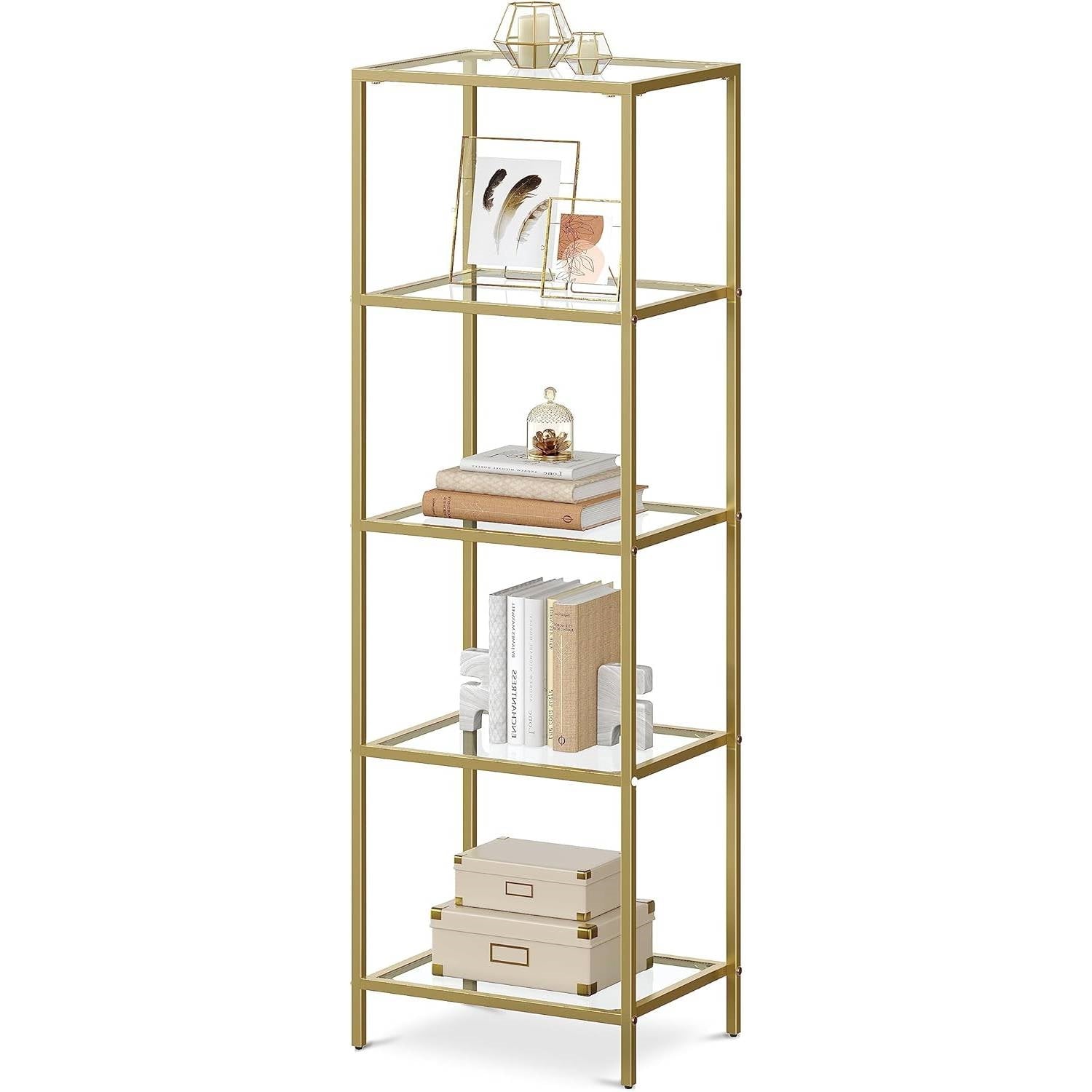 Narrow Gold Metal Frame Glass Shelves Shelving Unit Slim 4-Shelf Bookcase FastFurnishings