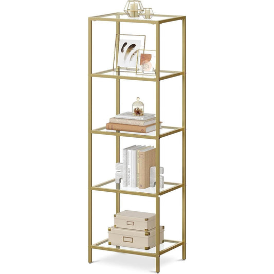 Narrow Gold Metal Frame Glass Shelves Shelving Unit Slim 4-Shelf Bookcase FastFurnishings