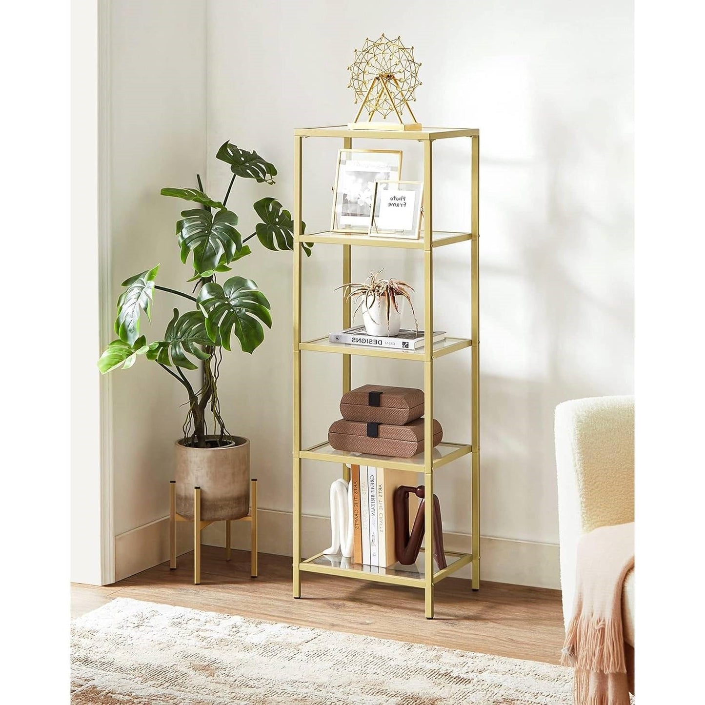 Narrow Gold Metal Frame Glass Shelves Shelving Unit Slim 4-Shelf Bookcase FastFurnishings
