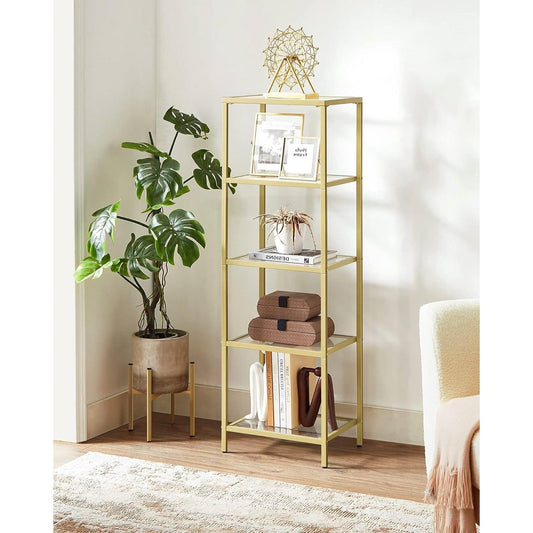 Narrow Gold Metal Frame Glass Shelves Shelving Unit Slim 4-Shelf Bookcase FastFurnishings