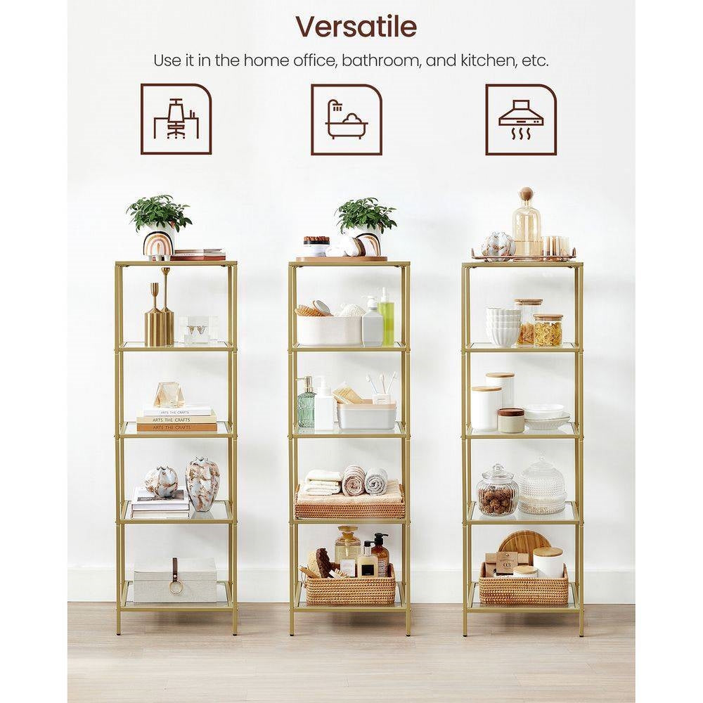 Narrow Gold Metal Frame Glass Shelves Shelving Unit Slim 4-Shelf Bookcase FastFurnishings