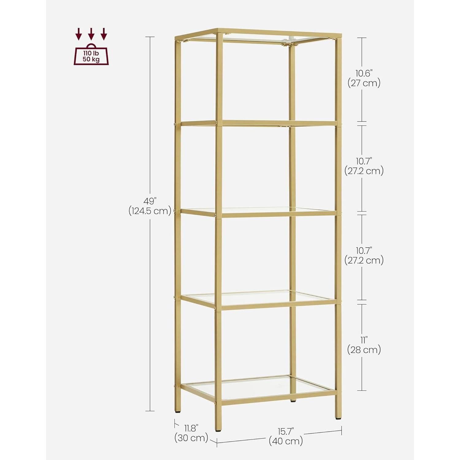 Narrow Gold Metal Frame Glass Shelves Shelving Unit Slim 4-Shelf Bookcase FastFurnishings
