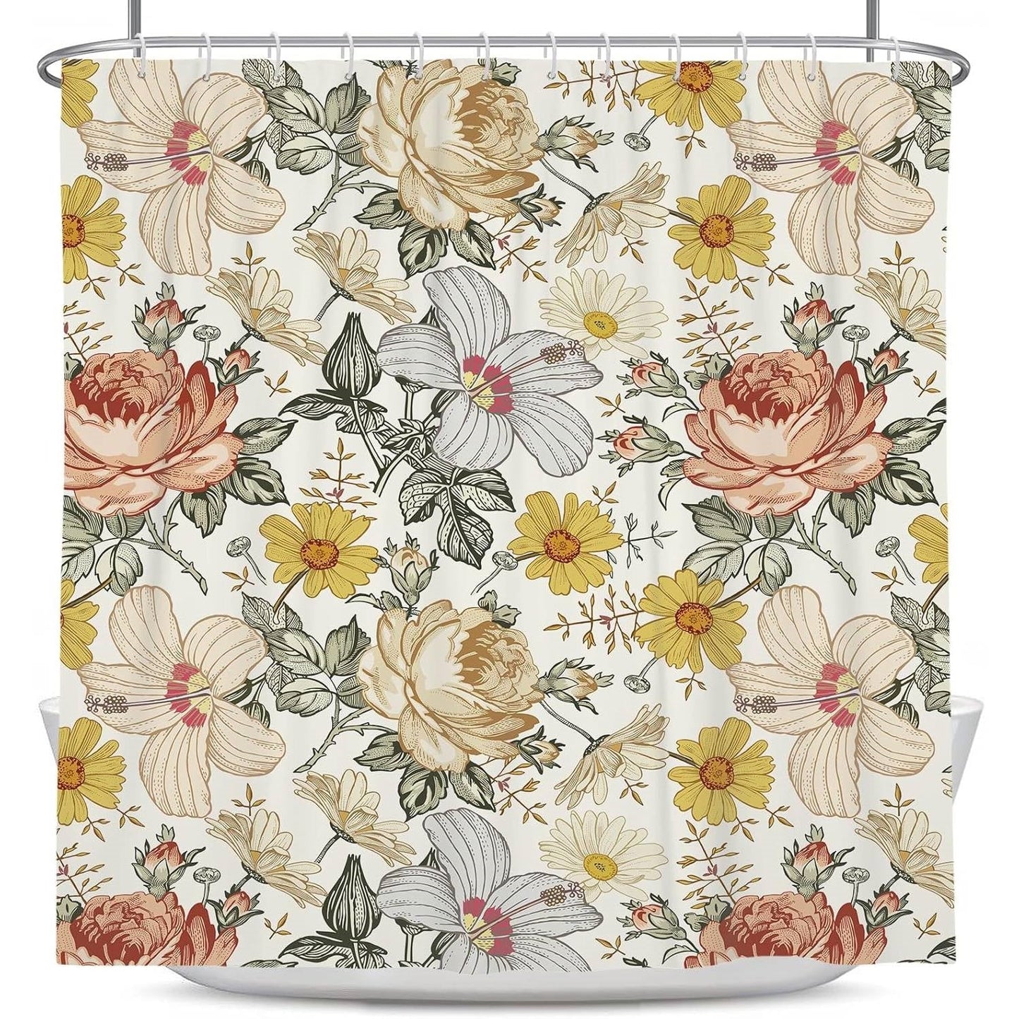 72"W x 72"H Vintage Floral Peony Yellow/Pink Polyester Shower Curtain FastFurnishings