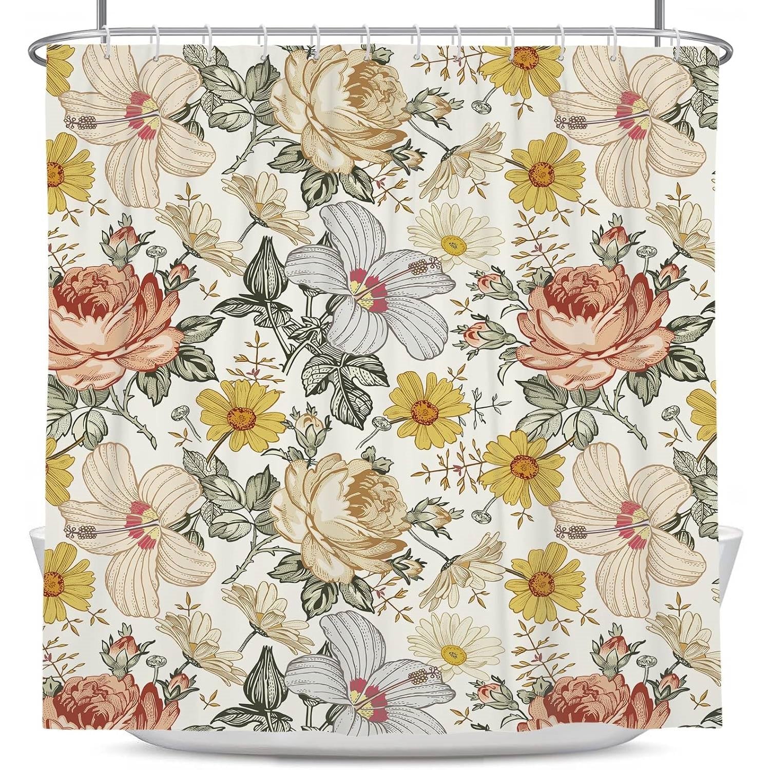 72"W x 72"H Vintage Floral Peony Yellow/Pink Polyester Shower Curtain FastFurnishings