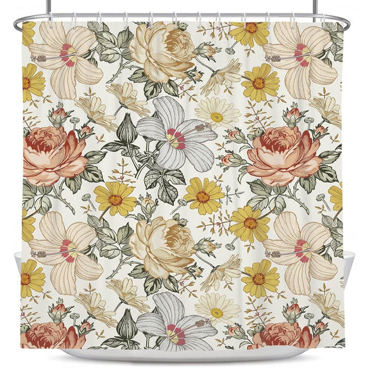 72"W x 72"H Vintage Floral Peony Yellow/Pink Polyester Shower Curtain FastFurnishings