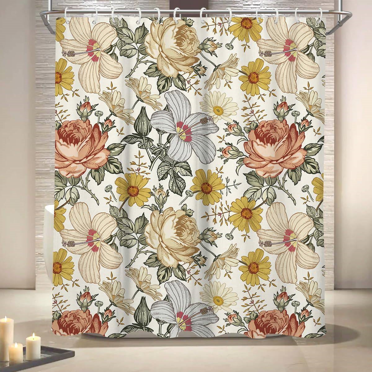 72"W x 72"H Vintage Floral Peony Yellow/Pink Polyester Shower Curtain FastFurnishings