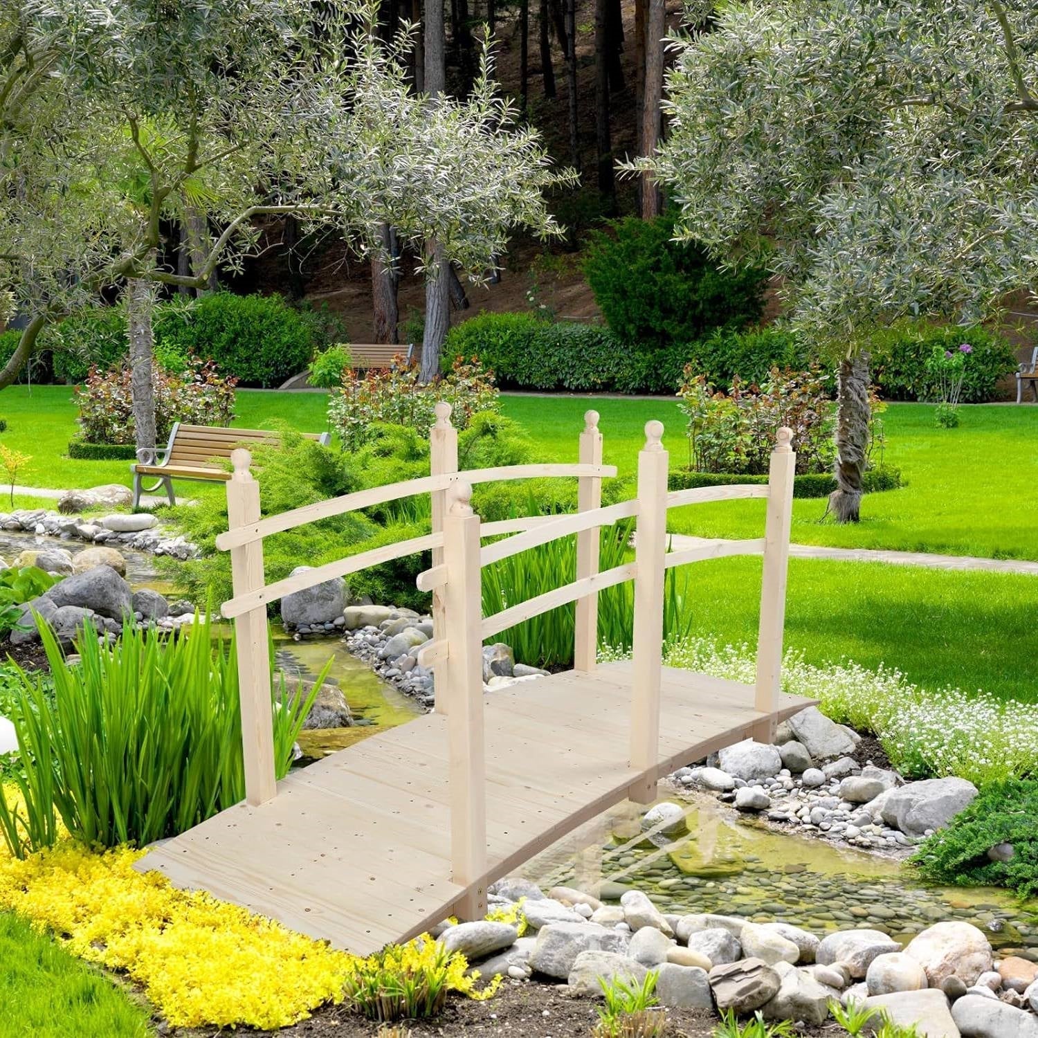 Outdoor 7.5-Ft Wooden Garden Bridge in Natural Wood Finish FastFurnishings