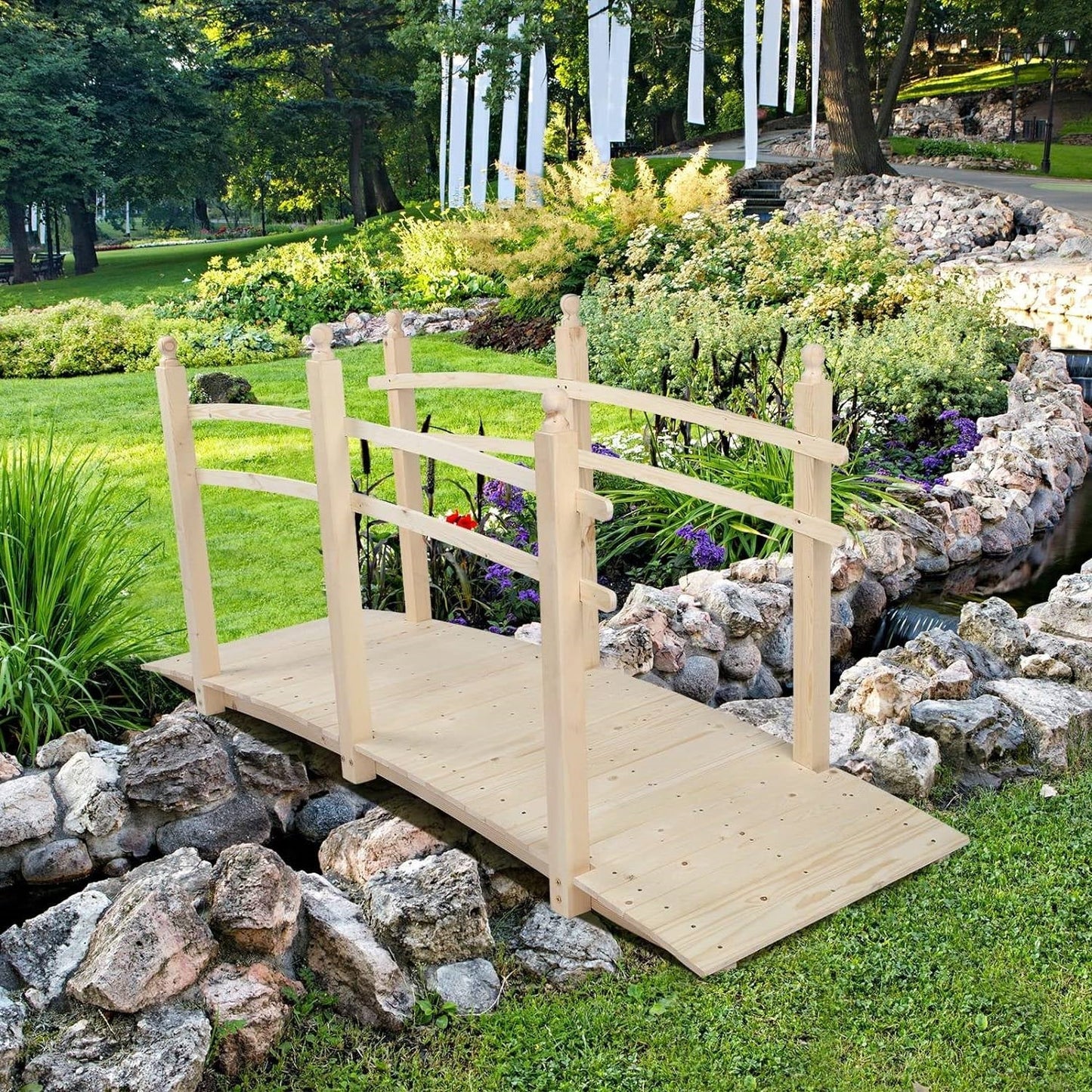 Outdoor 7.5-Ft Wooden Garden Bridge in Natural Wood Finish FastFurnishings