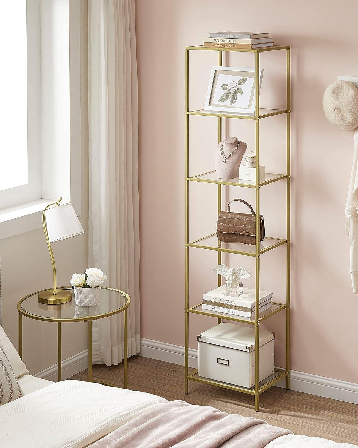 Narrow Glass Shelf Bookcase Bedroom Living Office Bath Storage Unit in Gold FastFurnishings